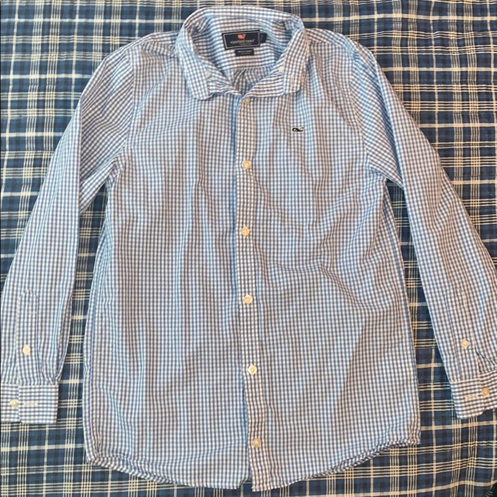 Blue and white button down shirt